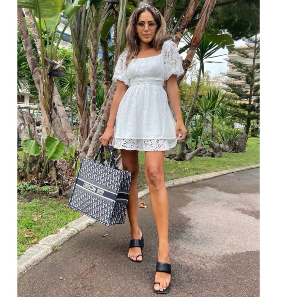 White Lace Trim Short Sleeve Square Neck Open Back Mini Dress - Picture 2 of 15